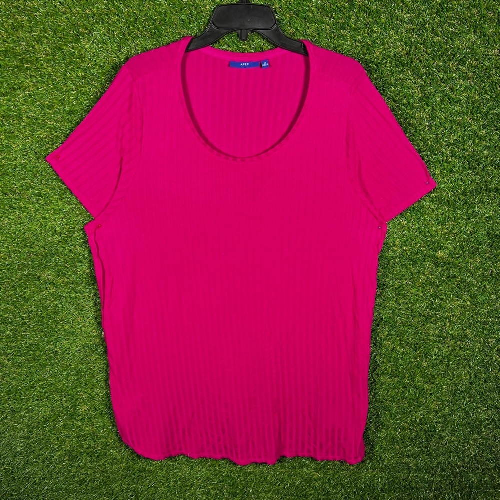 Apt 9 Womens 1X Magenta Pink Ribbed Short Sleeve Scoop Neck Knit Top 1862